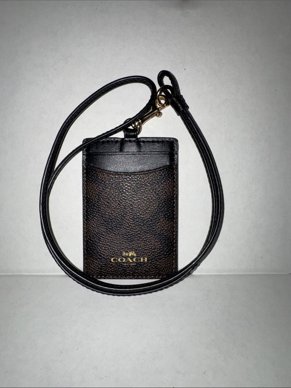 Coach Brown and Black Leather Lanyard Card Holder with Gold Hardware
